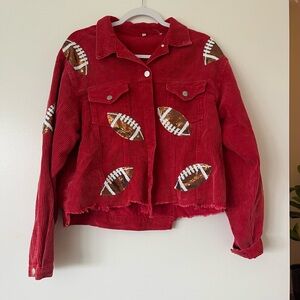 Stylish Red Corduroy Jean Jacket with Football Patches